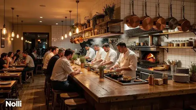 busy modern restaurant interior with chef plating gourmet dishes