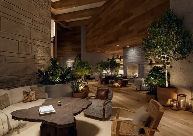 elegant boutique hotel lobby with warm welcoming interior design