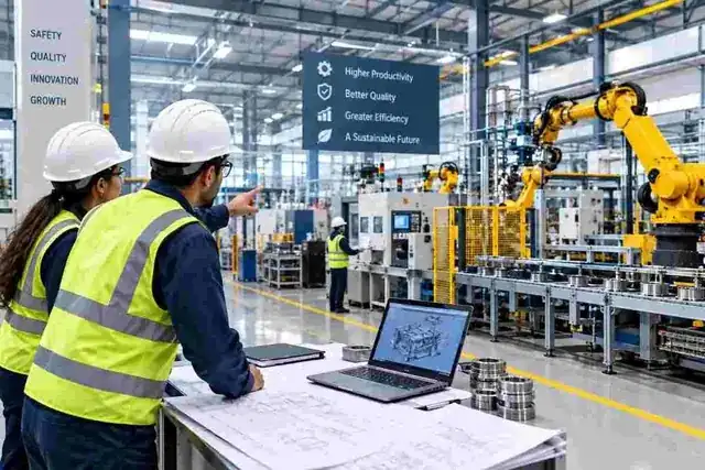 modern manufacturing factory floor with engineer checking production line