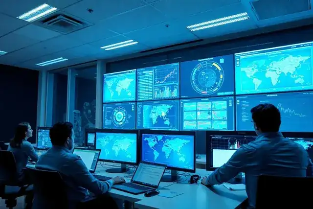 SEO agency team reviewing search rankings on a large monitor