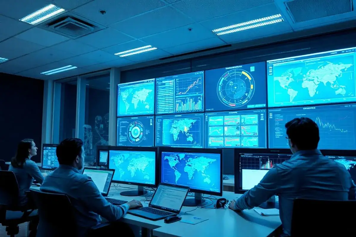 SEO agency team reviewing search rankings on a large monitor