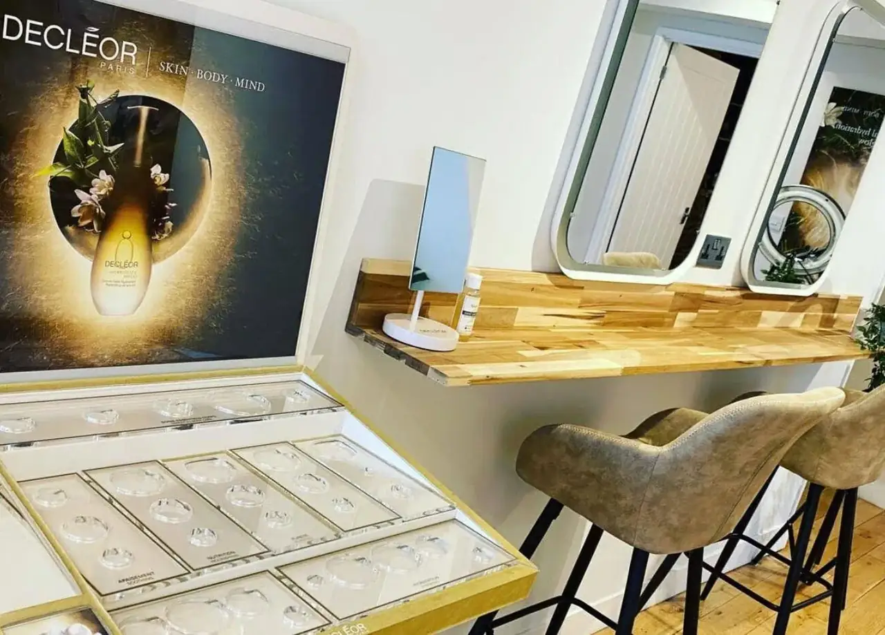 elegant beauty salon and jewelry boutique interior with products on display