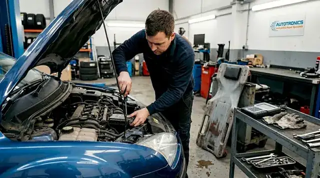 professional mechanic working on a car in a clean modern auto workshop