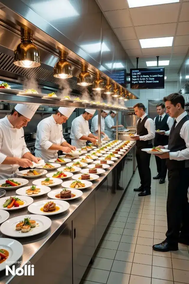 busy modern restaurant interior with chef plating gourmet dishes