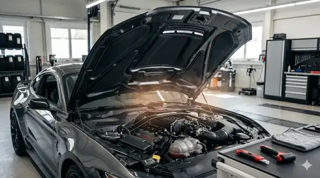 professional mechanic working on a car in a clean modern auto workshop