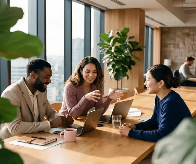 business consultant presenting growth strategy to clients in a meeting room