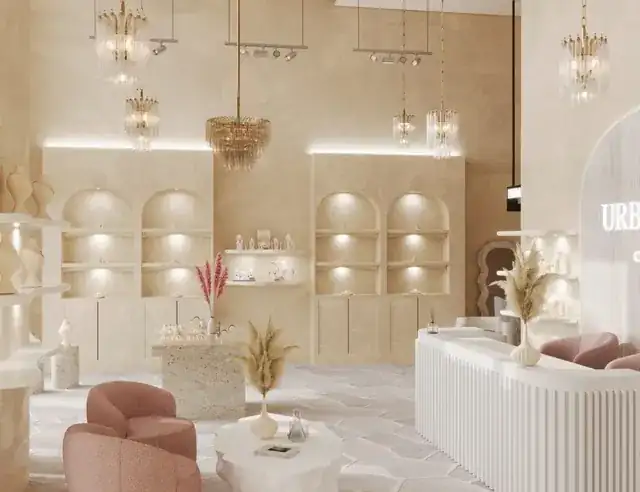elegant beauty salon and jewelry boutique interior with products on display