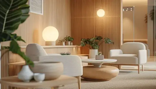 calm modern therapy room with cozy chairs and plants