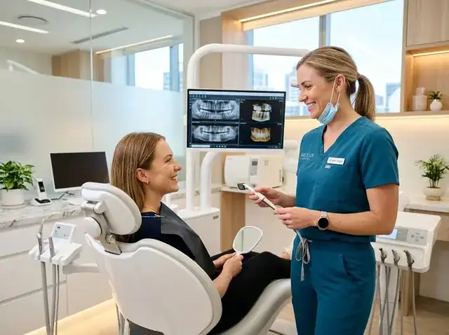 modern dental clinic with dentist treating a smiling patient