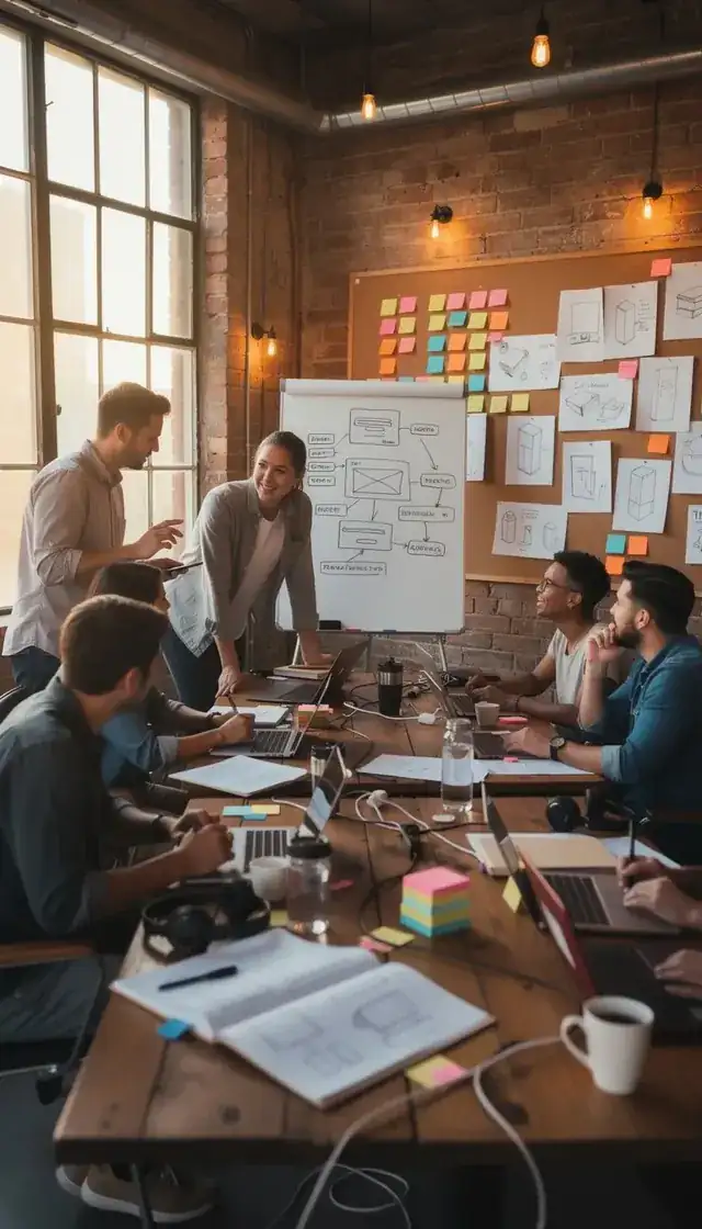 startup team collaborating around laptops in a bright modern office