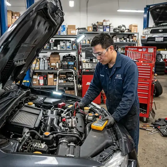 professional mechanic working on a car in a clean modern auto workshop