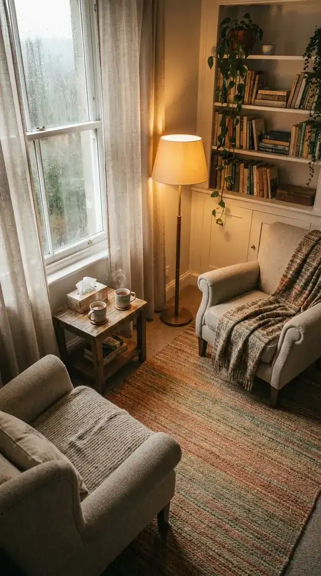 calm modern therapy room with cozy chairs and plants