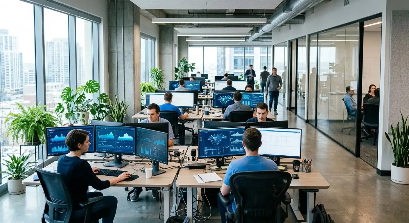 Web team reviewing website analytics dashboards on studio monitors